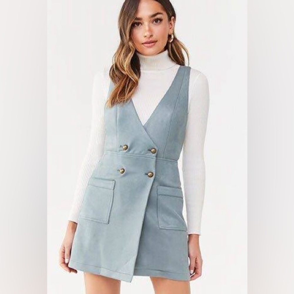2 FOR $25 Forever 21 Pinafore Jumper Mini Dress Sea foam Sage Faux Suede M NEW
